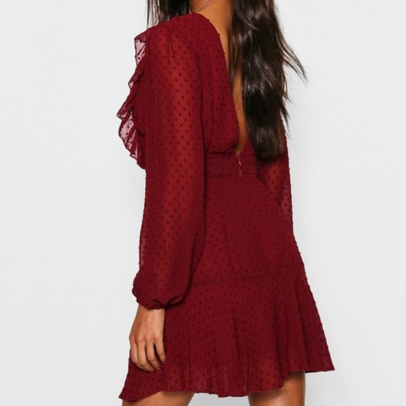 Burgundy billow Sleeve evening Dress - Picture 3 of 9